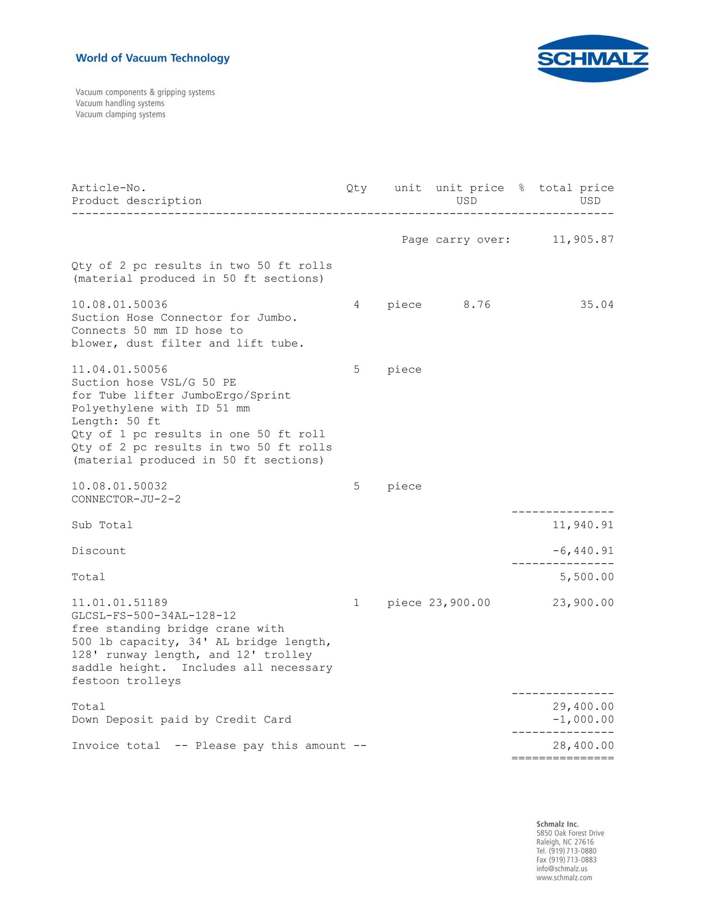 Schmalz 1 - JumboErgo 85 tube lifter & Floor mounted 34' x 128' Bridge Crane - Florida