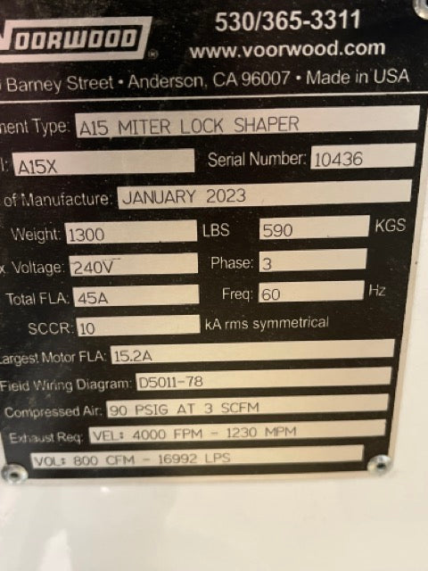 2023 Voorwood A15 Miter Lock Shaper - Illinois