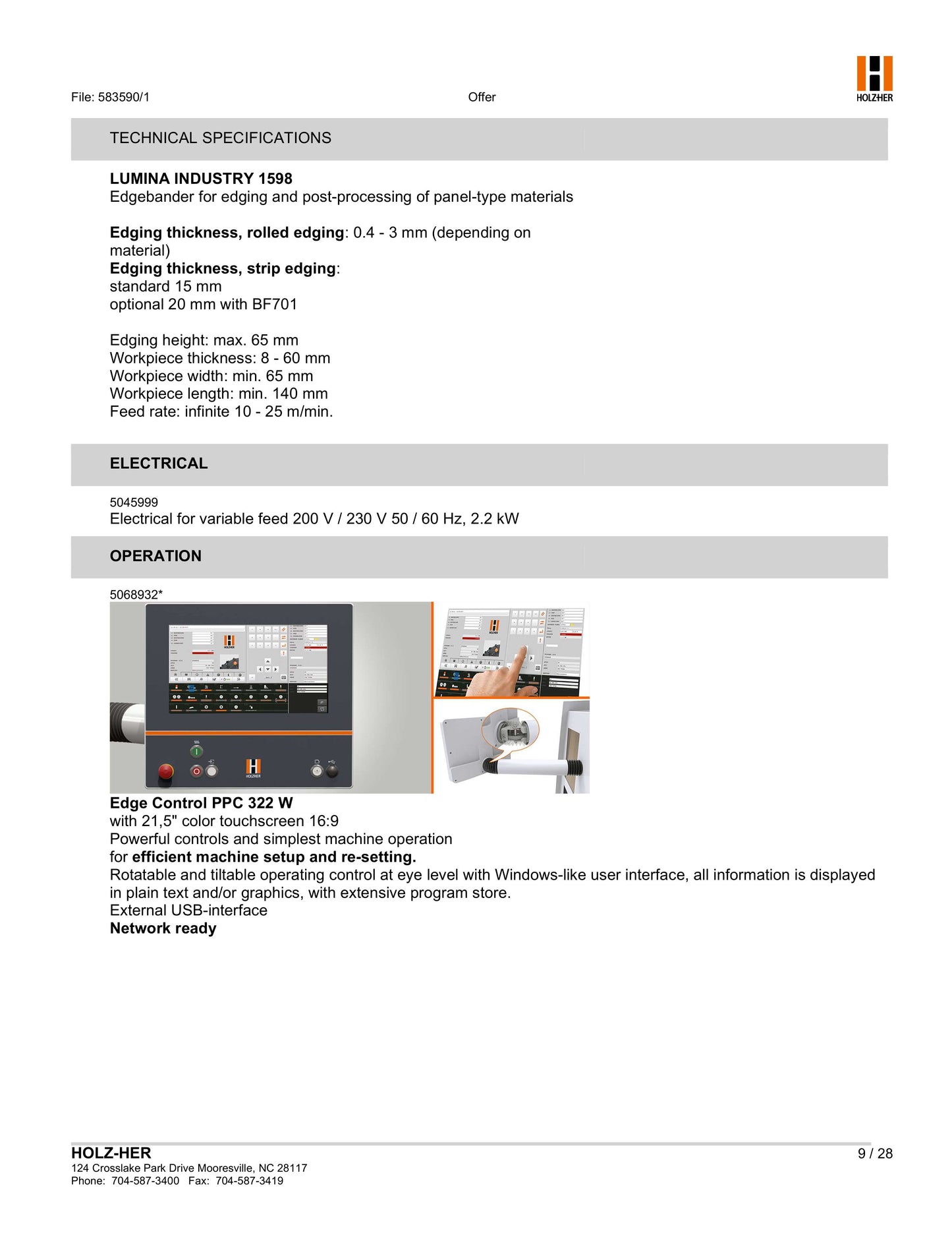 2021 Holzher Lumina 1598 Single Sided Edgebander with Pre-Mill - Florida