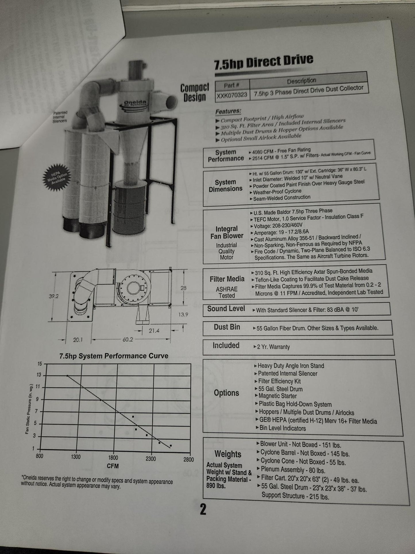 Oneida Dust Collection System 7.5HP