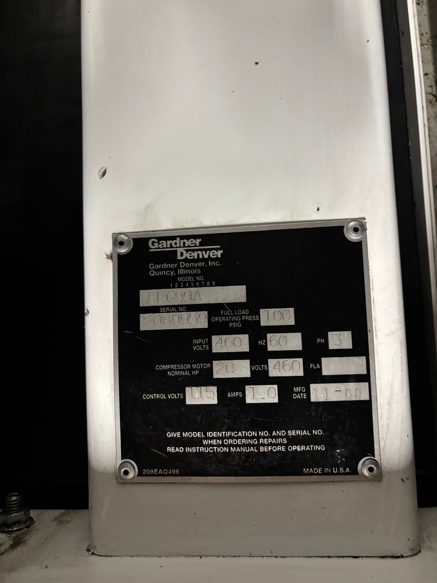 Gardner Denver Model EFC99A 20 HP Rotary Screw Air Compressor (2000) - Michigan