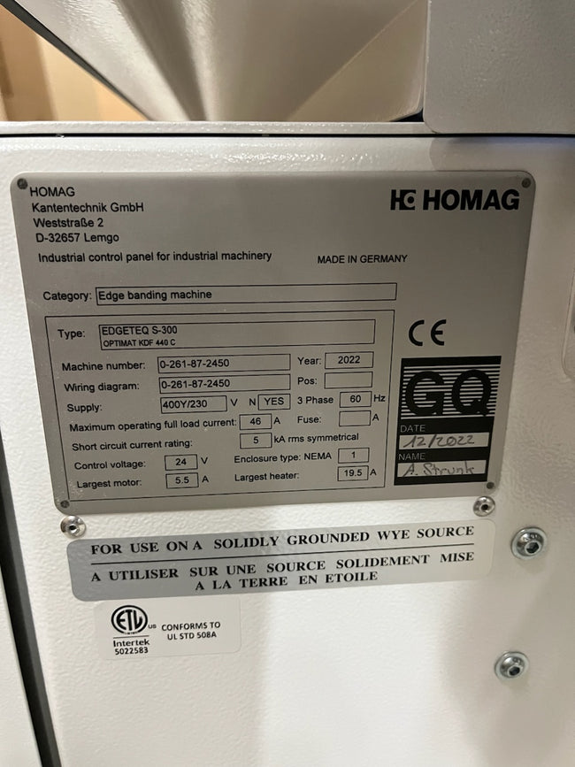 2022 Homag Edgeteq S-300 Optimat KDF 440C Edgebander with AirTec -Illinois