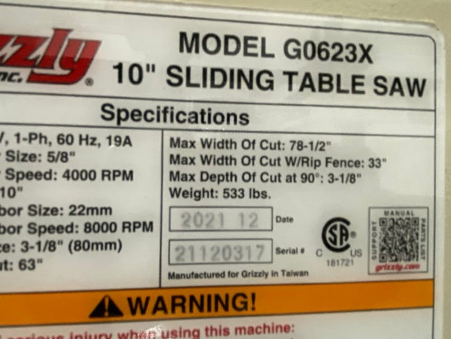 2021 Grizzly G0623X 10" Sliding Table Saw - Arizona