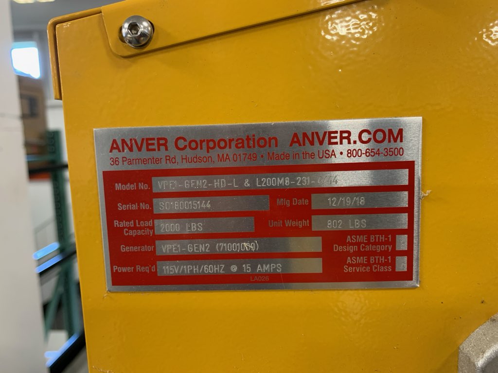 2018 Anver Horizontal Lifting Device with VPE1-Gen2 Vac-Pak Vacuum Generator - Ohio