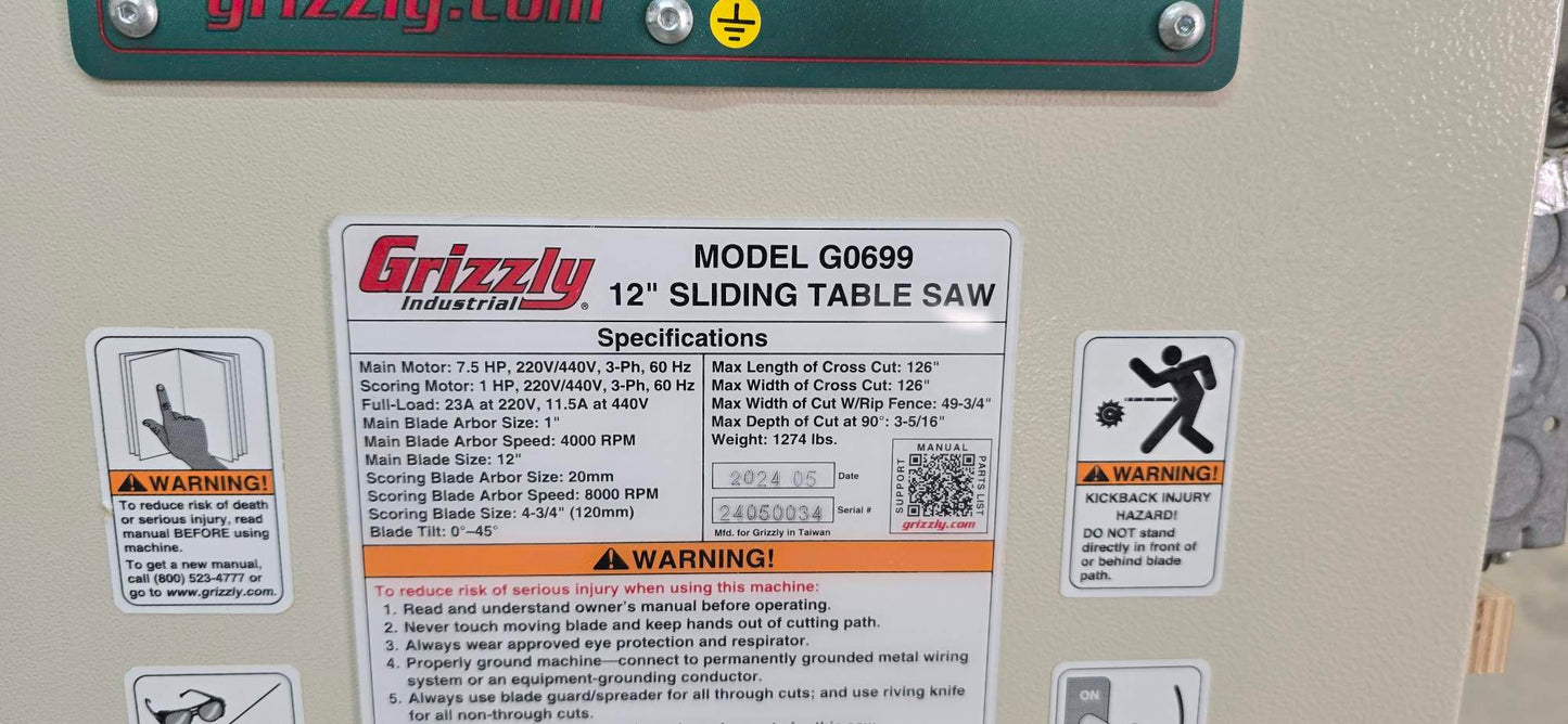 Grizzly G0699 12" Sliding Table Saw (2024) - Michigan