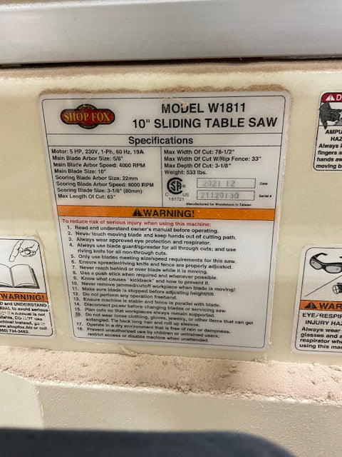 2021 Shopfox W1811 10" Sliding Table Saw