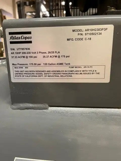 Atlas Copco Piston Compressor, 10HP, on 120 Gallon tank with after cooler - Illinois