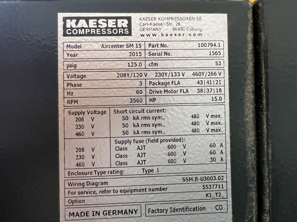 2015 Kaeser Aircenter SM 15 Compressor - California