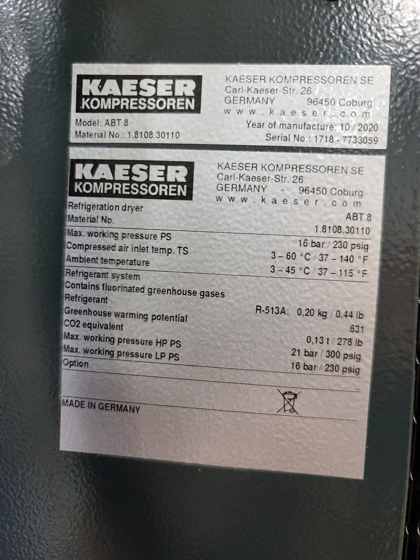 New Kaeser 7.5HP Air Compressor With Dryer